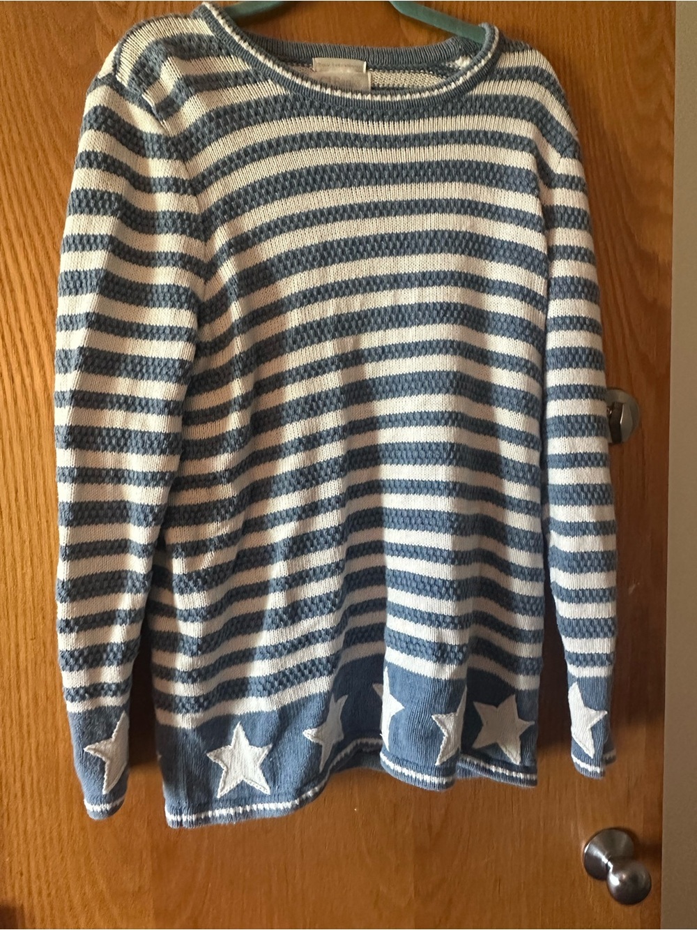 CJ Banks Blue and White Striped Crewneck Sweater with Star Hem